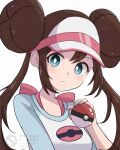  1girl aoneko4ao_(edwf7745) blue_eyes bright_pupils brown_hair closed_mouth commentary double_bun hair_bun hand_up holding holding_poke_ball long_hair looking_at_viewer poke_ball poke_ball_(basic) pokemon pokemon_black_2_and_white_2 raglan_sleeves rosa_(pokemon) shirt sidelocks solo twintails upper_body visor_cap watermark white_pupils 