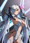  1girl absurdres armpit_cutout black_gloves bodysuit breasts cinderella_(nikke) clothing_cutout commentary cowboy_shot english_commentary foreshortening gloves glowing glowing_eye goddess_of_victory:_nikke hair_over_one_eye hand_in_own_hair highres lalaking large_breasts laser leg_cutout long_hair looking_at_viewer navel outstretched_arm parted_lips red_eyes revealing_clothes see-through_clothes see-through_skirt showgirl_skirt sideboob skirt solo standing stomach_cutout twintails very_long_hair white_bodysuit white_hair 