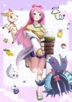  1girl 2_saya absurdres antidote_(pokemon) bandaid bandaid_on_leg book closed_mouth coat commentary_request deerling deerling_(spring) green_eyes highres holding holding_book korean_commentary leg_up long_hair long_sleeves max_revive miriam_(pokemon) open_clothes open_coat paper pill pink_hair poke_ball poke_ball_(basic) pokemon pokemon_scarlet_and_violet potion_(pokemon) purple_skirt sandals skirt sleeves_past_wrists smile standing standing_on_one_leg stethoscope sweater toxapex tynamo white_coat yellow_sweater 