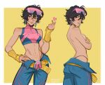  1girl artist_name belt belt_buckle black_hair black_panties blue_pants border breasts buckle closed_mouth commentary cowboy_shot crop_top crossed_arms earrings english_commentary eyewear_on_head finger_heart from_side glasses hand_on_own_hip heart highleg highleg_panties highres jewelry jubilee looking_at_viewer looking_to_the_side madogg marvel marvel_rivals multiple_views narrow_waist navel no_bra nude open_fly panties pants panty_peek pink_shirt scar scar_on_stomach shirt short_hair simple_background sleeveless small_breasts tomboy topless_female underwear wavy_hair white_border x-men yellow_background yellow_belt yellow_eyes 
