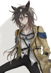  1girl animal_ears black_pants brown_hair coat collared_shirt commentary dot_nose ear_covers feather_hair_ornament feathers feet_out_of_frame flat_chest goggles goggles_around_neck hair_between_eyes hair_ornament hand_in_pocket highres horse_ears horse_girl horse_tail invisible_chair knife long_hair looking_at_viewer low_ponytail mayi0706 midriff_peek multicolored_hair navel open_clothes open_coat open_collar pants ponytail purple_eyes shadow sheath sheathed shirt simple_background sitting smile solo spread_legs stay_gold_(sunlit_outsider)_(umamusume) stay_gold_(umamusume) streaked_hair tail torn_clothes torn_pants torn_sleeves umamusume untranslatable_commentary white_background white_shirt white_streaks wrist_belt yellow_coat 
