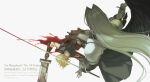  2boys armor artist_name black_boots black_coat black_gloves black_pants black_vest black_wings blonde_hair blood blood_on_arm blood_on_face blood_on_weapon boots cloud_strife coat final_fantasy final_fantasy_vii final_fantasy_vii:_advent_children first_ken from_above fusion_swords gloves grey_hair highres holding holding_sword holding_weapon injury long_coat long_hair male_focus masamune_(ff7) multiple_boys nakano_kaworu pants parted_bangs pauldrons sephiroth short_hair shoulder_armor single_pauldron single_sleeve single_wing sword vest weapon web_address wings 
