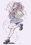  1girl alternate_costume bare_legs black_shoes black_unitard blowing_whistle blue_eyes blue_headband blue_skirt cheerleader cosplay crop_top dot_nose felicia_(fire_emblem) female_corrin_(cheer_power)_(fire_emblem) female_corrin_(fire_emblem) female_corrin_(fire_emblem)_(cosplay) fire_emblem fire_emblem_fates fire_emblem_heroes grey_background headband highres krsm_irst leg_up long_hair looking_at_viewer microskirt pink_hair pleated_skirt pom_pom_(cheerleading) shoes simple_background skirt socks solo speech_bubble sweatdrop unitard upskirt very_long_hair white_background white_socks white_trim 