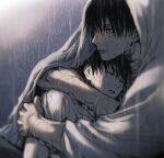  2boys closed_eyes closed_mouth commentary_request father_and_child father_and_son fushiguro_megumi fushiguro_toji hug jujutsu_kaisen line_line male_focus multiple_boys parent_and_child rain shirt short_hair sleeping spiked_hair t-shirt wet 