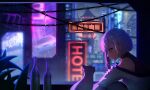  absurdres cat commentary congyu cyberpunk cyberpunk_(series) cyberpunk_2077 glass_bottle grass highres looking_down lucy_(cyberpunk) neon_lights night pixiv rain wire 