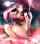  ajirogasa bad_id bad_pixiv_id bare_shoulders blurry bokeh breasts cleavage collarbone depth_of_field detached_sleeves hat highres hizagawa_rau horn japanese_clothes kimono large_breasts long_sleeves oni oni_horns oni_mask original pointy_ears purple_hair red_eyes sash sitting solo wide_sleeves 
