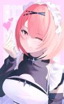  1girl ;) absurdres black_dress border breasts commentary_request dress heart highres large_breasts looking_at_viewer maid maid_headdress medium_hair official_alternate_costume one_eye_closed pink_border pink_hair purple_eyes remielle_dan remielle_dan_(a_lovely_afternoon_tea) smile so_916 solo zenless_zone_zero 