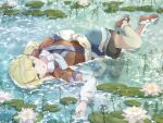  1girl arm_warmers black_skirt blonde_hair brown_shirt brown_shoes cattleya_(a_yel_ttac) commentary_request flower full_body green_eyes highres lily_pad looking_at_viewer lotus lying mary_janes medium_hair mizuhashi_parsee on_side open_mouth parsee_day partially_submerged sash scarf shirt shoes short_sleeves skirt smile socks solo touhou water white_flower white_sash white_scarf white_socks 
