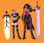  2girls absolute_dc absolute_wonder_woman absurdres amazon_warrior armor blonde_hair breasts cleavage clothing_cutout commentary dc_comics elbow_spikes english_commentary f3lla gloves highres holding holding_sword holding_weapon huge_weapon long_hair magik's_crown magik_(x-men) marvel multiple_girls pauldrons shoulder_armor shoulder_spikes single_pauldron spiked_pauldrons spiked_thigh_strap spikes superhero_costume sword weapon wonder_woman wonder_woman_(absolute_dc) wonder_woman_(series) x-men x-uniform 