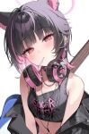  1girl animal_ears bare_shoulders bass_guitar black_hair black_tank_top blue_archive blush breasts cat_ears colored_inner_animal_ears colored_inner_hair crop_top ear_cuffs ear_piercing halo headphones headphones_around_neck helix_piercing instrument jacket kazusa_(blue_archive) kithera multicolored_hair open_clothes open_jacket piercing pink_eyes pink_hair pink_halo short_hair simple_background small_breasts solo spiked_ear_piercing tank_top 