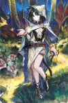  1girl absurdres alternate_costume animal_ears arknights black_boots black_hair black_leotard boots breasts breasts_apart bright_pupils brown_eyes cape cat_ears cat_girl cat_tail closed_mouth clothing_cutout commentary_request distortion forest full_body hand_up highres holding holding_sword holding_weapon hood hooded_cape leotard looking_at_viewer making-of_available mandragora_(arknights) medium_breasts nature outdoors short_hair skirt solo sword tail weapon white_pupils white_skirt yitai_zhi_meng 