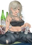  1girl alternate_hair_length_(longer) alternate_hairstyle barbell_piercing beer_can belt brand_name_imitation breasts brown_hair can commentary denim drink_can ear_piercing english_commentary girls_band_cry green_eyes hair_between_eyes highres holding holding_can industrial_piercing jewelry large_breasts long_hair long_hair_between_eyes mole mole_under_eye multicolored_hair navel necklace noir_(nowaru) open_mouth pants piercing roots_(hair) rupa_(girls_band_cry) solo studded_belt studs 