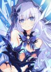  1girl absurdres artist_name bare_shoulders black_gloves blue_eyes blue_veil breasts bridal_veil commentary_request dark_persona date_a_live dated dress elbow_gloves gloves highres inverse_spirit_(date_a_live) long_hair looking_at_viewer medium_breasts navel nutsumi47 outstretched_hand revealing_clothes signature smile solo tobiichi_origami tobiichi_origami_(inverse) veil very_long_hair white_hair 