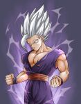  1boy biceps clenched_hands commentary_request dougi dragon_ball dragon_ball_super gohan_beast grey_hair highres ku_buirichi muscular muscular_male pectorals powering_up red_eyes solo son_gohan spiked_hair 