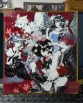  4girls animal_ears armor autumn_leaves bird_wings black_bow black_bowtie black_hair black_necktie black_skirt black_wings blue_dress blue_hat bow bowtie cellphone checkered_clothes checkered_skirt chinese_commentary collared_shirt commentary_request detached_sleeves dress falling_leaves feathered_wings flip_phone frilled_shirt_collar frills grey_hair grey_skirt hat highres himekaidou_hatate holding holding_phone holding_tripod iizunamaru_megumu inubashiri_momiji leaf long_hair looking_at_viewer multiple_girls necktie one_eye_closed open_mouth pauldrons phone photo_(medium) pom_pom_(clothes) puffy_short_sleeves puffy_sleeves purple_hat purple_skirt red_eyes red_hat shameimaru_aya shikishi shirt short_sleeves shoulder_armor single_pauldron skirt sleeveless sleeveless_shirt smile tail tokin_hat touhou traditional_media tripod twintails two-tone_skirt unfinished white_shirt wide_sleeves wings wolf_ears wolf_girl wolf_tail xinbuqing yellow_eyes 
