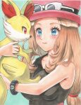  1girl blue_eyes bracelet breasts closed_mouth collared_shirt commentary_request eyelashes eyewear_on_headwear fennekin green_background hat highres holding holding_pokemon jewelry long_hair low-tied_long_hair marker_(medium) pink_hat pokemon pokemon_(creature) pokemon_x_and_y serena_(pokemon) shirt sleeveless sleeveless_shirt smile sunglasses tomo115 traditional_media 