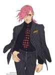  1boy black_shirt braid braided_ponytail brown_eyes commentary_request cosplay cowboy_shot dated diavolo diavolo_(cosplay) expressionless freckles grey_jacket grey_pants grey_suit hair_over_one_eye highres jacket jacket_on_shoulders jojo_no_kimyou_na_bouken male_focus pants pink_hair polka_dot_necktie shirt solo spotted_hair striped_clothes striped_jacket striped_pants suit thumb_in_pocket touyama_maki twitter_username vento_aureo vertical-striped_clothes vertical-striped_jacket vertical-striped_suit vinegar_doppio zipper 