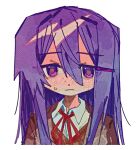  1girl :| blazer blush closed_mouth collared_shirt commentary doki_doki_literature_club doki_doki_literature_club_school_uniform hair_between_eyes jacket long_hair looking_at_viewer neck_ribbon orange_vest purple_eyes purple_hair ribbon school_uniform shirt sillon3 solo straight-on straight_hair sweatdrop untranslatable_commentary upper_body vest white_shirt yuri_(doki_doki_literature_club) 