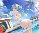  1girl absurdres ass bikini blue_hair blue_sky blush breasts cloud commentary_request commission cowboy_shot day earrings from_behind green_eyes hair_between_eyes hand_in_own_hair hand_up highres indie_virtual_youtuber jewelry leaning_forward long_hair looking_at_viewer misora_sora_(vtuber) mole mole_under_mouth open_mouth outdoors poolside side-tie_bikini_bottom sikimosh simple_bird sky solo sunlight swimsuit upper_body virtual_youtuber wading white_bikini 