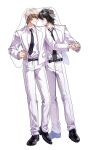  2boys absurdres alternate_costume alternate_universe arm_around_another's_waist belt black_belt black_hair black_necktie black_shoes bridal_veil brown_hair closed_mouth collared_shirt commentary_request couple death_note dress_shirt dress_shoes full_body hair_between_eyes highres holding_hands husband_and_husband jacket l_(death_note) light_smile looking_at_another male_focus multiple_boys necktie o_r3 pants parted_lips shirt shirt_tucked_in shoes short_hair standing suit suit_jacket veil white_background white_jacket white_pants white_shirt white_suit white_veil yagami_light yaoi 