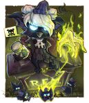  1boy animal_hands asymmetrical_skirt badge beak blue_eyes blue_hat bracelet brown_skirt button_badge cosplay deadlock_(game) double_bun fire furry glowing graves_(deadlock) graves_(deadlock)_(cosplay) green_fire hair_bun hat highres holding holding_jar jar jewelry large_ears layered_skirt necklace nightcap pickle pinstripe_hat pleated_skirt rem_(deadlock) shirt short_hair single_bracelet skirt spiked_bracelet spikes tail thecrunchywater tombstone white_hair white_shirt 