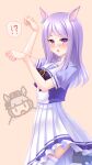  !? 2girls animal_ears aqua_bow blunt_bangs blush bow bowtie breasts brown_hat commentary_request ear_bow ear_ribbon gold_ship_(umamusume) grey_hair hat highres horse_ears horse_girl horse_pose irori_(irorixc) long_hair mejiro_mcqueen_(umamusume) multiple_girls open_mouth pillbox_hat pleated_skirt puffy_short_sleeves puffy_sleeves purple_bow purple_bowtie purple_eyes purple_hair purple_shirt sailor_collar sailor_shirt school_uniform shirt short_sleeves skirt sweat thighhighs tracen_school_uniform umamusume white_sailor_collar white_skirt white_thighhighs 
