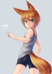 animal_ears bike_shorts breasts dreadtie fox_ears fox_tail from_behind green_eyes highres looking_at_viewer looking_back orange_hair original short_hair small_breasts solo tail 