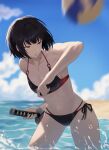  1girl ball beach bikini black_bikini black_hair blue_sky breasts cigarette commentary_request highres katana korean_commentary limbus_company project_moon red_eyes ryoshu_(project_moon) sara_(plate_101) sky summer swimsuit sword volleyball_(object) water weapon 