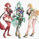  3girls absurdres arm_under_breasts armor ass blonde_hair blush bob_cut bodysuit breasts chest_jewel cleavage cleavage_cutout closed_mouth clothing_cutout commentary_request core_crystal_(xenoblade) dress earrings fingerless_gloves floating_earrings full_body gloves gonzarez green_armor green_eyes green_hair hand_on_own_hip headpiece highres hip_armor jewelry large_breasts long_hair looking_at_viewer microdress multiple_girls mythra_(xenoblade) parted_lips pneuma_(xenoblade) ponytail pyra_(xenoblade) red_eyes red_hair red_shoes red_shorts red_thighhighs shoes short_hair shorts shoulder_armor simple_background smile swept_bangs thigh_strap thighhighs tiara very_long_hair white_armor white_background white_dress white_shoes xenoblade_chronicles_(series) xenoblade_chronicles_2 yellow_eyes 
