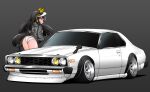  1girl absurdres animal_ears ass black_hair blush calstone_light_o_(umamusume) car commentary_request ear_covers full_body grey_background grey_hoodie highres hood hood_down hoodie horse_ears horse_girl horse_tail long_hair looking_at_viewer looking_back mintia1911 motor_vehicle nissan_skyline_c210 no_pants panties simple_background solo stance_(vehicle) standing tail umamusume underwear vehicle_focus white_panties 