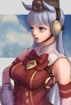  1girl animal_ears arm_up armband blunt_bangs blush bow breasts brown_hat commentary_request dress ear_bow ear_ribbon gloves gold_ship_(red_strife)_(umamusume) gold_ship_(umamusume) grey_hair hat highres horse_ears horse_girl large_breasts long_hair naka1379 open_mouth pantyhose pillbox_hat purple_eyes red_dress sleeveless sleeveless_dress solo striped_armband striped_clothes umamusume upper_body white_gloves 