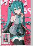  1girl aqua_eyes aqua_hair aqua_necktie art_program_in_frame bare_shoulders black_skirt black_sleeves black_thighhighs breasts cable character_name collared_shirt detached_sleeves dot_nose frayed_cable grey_shirt hair_between_eyes hair_intakes hatsune_miku headset long_hair looking_at_viewer lovely_ummm necktie open_mouth pink_background pleated_skirt shirt simple_background skirt sleeveless sleeveless_shirt small_breasts solo thighhighs tie_clip twintails very_long_hair vocaloid wing_collar zettai_ryouiki 