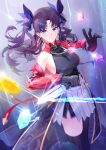  1girl absurdres black_gloves black_hair black_shirt black_thighhighs blue_eyes blue_gem breasts commentary dagger fate/stay_night fate_(series) gem gloves highres holding holding_dagger holding_knife holding_weapon honkai:_star_rail honkai_(series) jacket jelmul knife large_breasts long_hair looking_at_viewer pointy_ears red_jacket shirt skirt solo thighhighs thighs tohsaka_rin tohsaka_rin_(honkai:_star_rail) twintails very_long_hair weapon white_skirt yellow_gem 