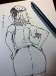  1girl ass back blush closed_mouth commentary_request cowboy_shot eyelashes from_behind hands_on_own_hips highres jun_(navigavi) lips looking_at_viewer looking_back medium_hair monochrome nib_pen_(medium) nose original pantyhose paper_background pen_(medium) pencil_skirt photo_(medium) profile shirt short_sleeves sketch skirt solo standing traditional_media translated weight_conscious 