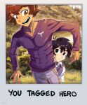  2boys absurdres alternate_eye_color antenna_hair black_eyes black_hair black_sweater_vest blue_sweater brown_eyes brown_hair collarbone collared_shirt commentary dark-skinned_male dark_skin english_text grey_pants hero_(faraway)_(omori) hero_(omori) highres long_sleeves looking_at_another male_focus multiple_boys omori open_mouth outdoors pants remi_(mozzaremi) shirt short_hair short_sleeves smile sunny_(omori) sweater sweater_vest teeth white_shirt 