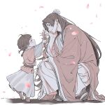  1boy 1girl aged_down beads blunt_ends bun_cover child chinese_clothes commentary_request dress falling_petals hair_beads hair_bun hair_ornament half_updo head_on_hand holding holding_plant jinshi_(kusuriya_no_hitorigoto) kusuriya_no_hitorigoto looking_at_another maomao_(kusuriya_no_hitorigoto) monochrome ninaxi_sham parted_bangs petals pink_petals plant squatting time_paradox tiptoes white_background white_dress wide_sleeves 