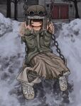  1girl boots brown_hair commentary_request facing_viewer fur-trimmed_headwear fur_trim goggles goggles_on_head green_jacket highres jacket long_skirt multicolored_hair okurete_iru on_swing orange_streaks original school short_hair sitting skirt snow socks streaked_hair swept_bangs swing untied_shoelaces winter 