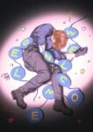  1boy bbeiiii_04 black_gloves blue_shirt brown_hair camera_flash_overexposure chest_holster chinese_commentary commentary_request full_body gloves hair_over_eyes highres holster leon_s._kennedy letter_banner lying male_focus on_ground on_side overexposure resident_evil resident_evil_requiem shirt short_hair solo spotlight thigh_holster toned toned_male 