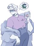  1boy absurdres alcohol among_us among_us_(tv_series) black_pants blush_stickers bracelet choker collared_shirt colored_skin commentary cowboy_shot cup drinking_glass earrings english_commentary eyeshadow green_(among_us) heart highres holding holding_cup jewelry makeup male_focus one-eyed pants partial_humanization pink_shirt quiff shawl shirt short_hair simple_background solo speech_bubble standing sway_back thought_bubble varyuga white_(among_us) white_background white_hair white_skin wine wine_glass 