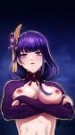  1girl artist_name bilingual_commentary breasts bridal_gauntlets closed_mouth commentary crossed_arms genshin_impact hair_ornament highres looking_at_viewer medium_breasts mixed-language_commentary nipples nude purple_bridal_gauntlets purple_eyes purple_hair purple_shrug raiden_shogun shrug_(clothing) solo upper_body yuki0_art 