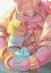  2boys absurdres animal_ears animal_nose aqua_eyes arm_belt baku_(ff9) beard black_bodysuit blonde_hair blue_shirt bodysuit cat_tail child commentary_request crop_top facial_hair final_fantasy final_fantasy_ix goggles hand_in_another's_hair highres hug male_focus mochimochi_daifuku multiple_boys mustache parted_bangs parted_lips red_hair shirt short_hair tail thumb_to_mouth twitter_username zidane_tribal 