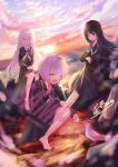  3girls absurdres artist_name barefoot beach bird black_sailor_collar black_serafuku black_skirt closed_eyes commentary_request fang gradient_hair highres long_hair long_skirt mahou_shoujo_no_majo_saiban multicolored_hair multiple_girls neckerchief nutsumi47 ocean open_mouth outdoors pink_hair red_eyes sailor_collar sakuraba_ema school_uniform serafuku signature sitting skirt spoilers squatting sunset white_hair white_neckerchief 