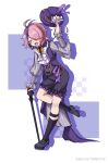  1girl :d ahoge bow bowtie cane chinese_commentary closed_eyes commentary_request diaqixiangdachiaqiong facing_viewer full_body highres holding holding_cane honkai_(series) honkai_gakuen long_sleeves multicolored_hair open_mouth pink_hair puffy_long_sleeves puffy_sleeves purple_background purple_hair purple_shirt purple_shoes purple_shorts purple_socks purple_vest sharp_teeth shirt shoes short_hair shorts sin_mal smile socks solo striped_clothes striped_shirt teeth two-tone_background two-tone_hair vertical-striped_clothes vertical-striped_shirt vest white_background white_bow white_bowtie 