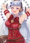  1girl absurdres animal_ears armband armpits arms_up blunt_bangs blush boots bow breasts brown_hat commentary_request dress ear_bow ear_ribbon gloves gold_ship_(red_strife)_(umamusume) gold_ship_(umamusume) grey_hair hat highres horse_ears horse_girl horse_tail large_breasts long_hair looking_at_viewer open_mouth pantyhose pillbox_hat purple_eyes red_bow red_dress sleeveless sleeveless_dress smile solo striped_armband striped_clothes tail umamusume ute_(perouthi) white_boots white_gloves white_pantyhose 