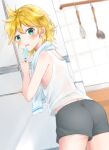  1boy absurdres ass black_shorts blonde_hair blurry blurry_background blush commentary cowboy_shot dutch_angle english_commentary food food_on_face from_behind green_eyes hair_between_eyes hand_up hands_up highres holding holding_food holding_popsicle indoors kagamine_len kitchen looking_at_viewer looking_back male_focus medium_hair midriff_peek open_mouth popsicle shirt shorts sleeveless sleeveless_shirt solo spiked_hair towel towel_around_neck user_vkcr5455 v-shaped_eyebrows vocaloid white_shirt 