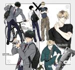  2boys arm_support backpack bag belt bicycle black_belt black_gloves black_shirt blazer blonde_hair brown_eyes brown_pants character_age closed_mouth commentary crossed_arms dress_shirt full_body gloves grey_jacket grey_shirt gyou_chin hand_on_own_neck height highres jacket jacket_on_shoulders leather leather_jacket male_focus multiple_boys multiple_views on_bicycle original pants school_uniform shirt short_hair simple_background suit_pants t-shirt translation_request watermark white_background white_shirt xiaohongshu_id xiaohongshu_watermark 