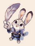  1girl animal_ears animal_feet blue_pants blue_shirt breasts feathers from_above full_body furry furry_female highres holding holding_feather judy_hopps looking_at_object medium_breasts pants parted_lips police police_badge police_uniform purple_eyes rabbit_ears rabbit_girl shirt solo standing tomoe_(shoushou781) twitter_username zootopia zootopia_3 