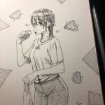 1girl :t artist_name bag blush breasts cheek_bulge chewing closed_mouth commentary_request cowboy_shot eating food hands_up highres holding holding_bag holding_food jewelry jun_(navigavi) looking_at_viewer medium_breasts medium_hair monochrome necklace nib_pen_(medium) onigiri original pants paper_background pen_(medium) photo_(medium) plastic_bag shirt short_sleeves sketch solo traditional_media translation_request 