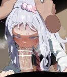  1boy 1girl absurdres bar_censor blush borrowed_character censored commentary_request fellatio grey_hair hands_on_another's_head hetero highres irrumatio kanae_(rj) long_hair long_sleeves mizumizuni necktie oral original penis pink_necktie shirt solo_focus striped_clothes striped_necktie sweat white_shirt 
