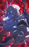  1girl armor bare_shoulders belly_chain bikini_armor blue_eyes blue_skin bracelet breasts cleavage colored_skin commentary commission earrings english_commentary extra_arms fate/grand_order fate_(series) glowing glowing_eyes hair_ribbon highres jewelry kali_(fate) large_breasts long_hair looking_at_viewer neck_ring necklace notcy4n polearm ribbon ring sash snake solo third_eye thumb_ring trident very_long_hair weapon white_hair wide-eyed 